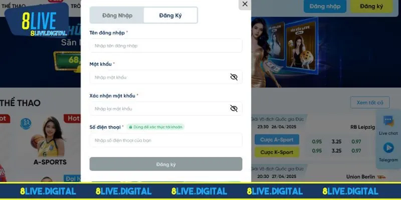 Quy trình cụ thể thực hiện đăng ký 8LIVE
