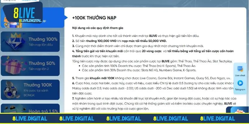 Điểm qua các sự kiện khuyến mãi 8LIVE nên tham gia