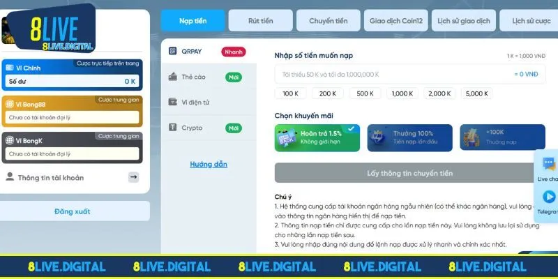 Hướng dẫn chi tiết để thực hiện nạp tiền 8LIVE