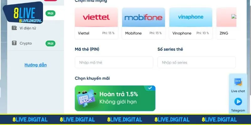 Điểm các phương thức nạp tiền 8LIVE được chấp nhận