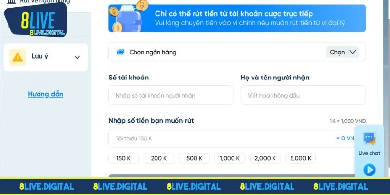 Mọi quy trình rút tiền 8LIVE qua các hình thức